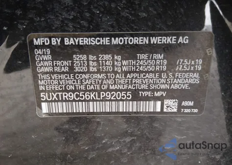 2019 BMW X3 xDrive30I from USA, damaged, VIN 5UXTR9C56KLP92055